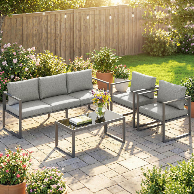 4 Piece Outdoor Garden Furniture Set, Patio Furniture with 3-Seater Sofa, Armchairs and Coffee Table
