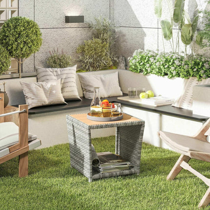 Side Table 2-Tier Outdoor Coffee Table with Storage Shelf PS Wood Slat Top/Light Grey