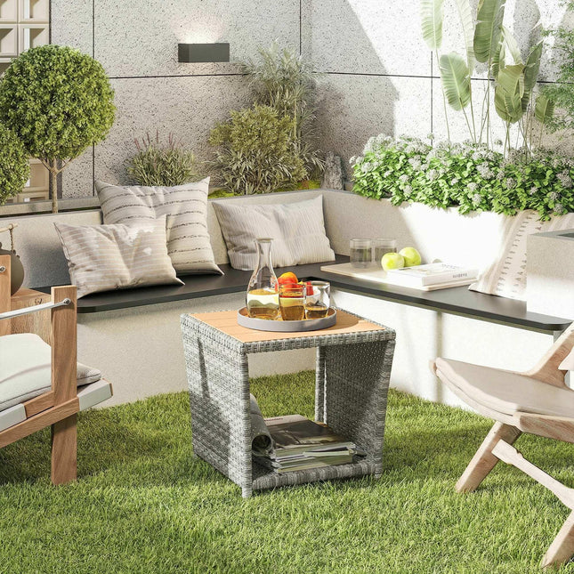 Side Table 2-Tier Outdoor Coffee Table with Storage Shelf PS Wood Slat Top/Light Grey