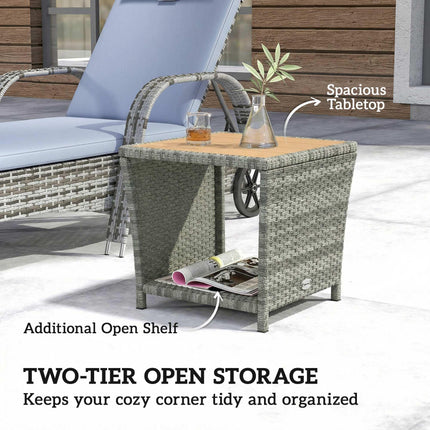 Side Table 2-Tier Outdoor Coffee Table with Storage Shelf PS Wood Slat Top/Light Grey