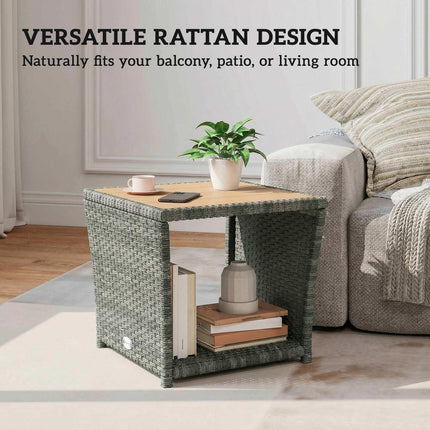Side Table 2-Tier Outdoor Coffee Table with Storage Shelf PS Wood Slat Top/Light Grey