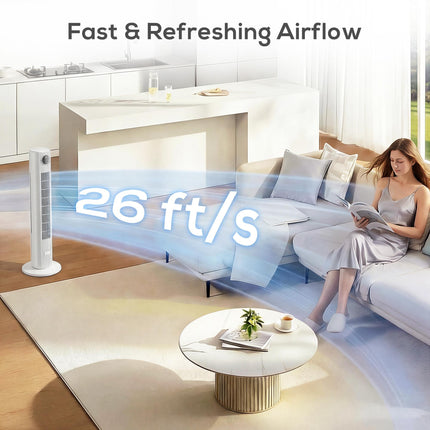 28dB Tower Fan for Bedroom, 36 inch, 8 m/s Velocity Standing Cooling Fan with 80° Oscillating, BLDC Motor, 12 Speeds, LED Display, 4 Modes, 12H Timer, Remote Control, White