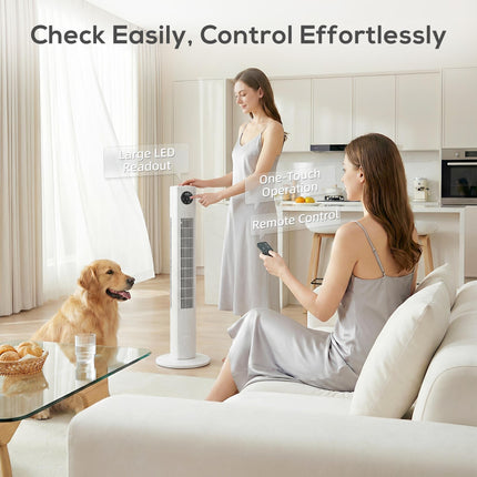 28dB Tower Fan for Bedroom, 36 inch, 8 m/s Velocity Standing Cooling Fan with 80° Oscillating, BLDC Motor, 12 Speeds, LED Display, 4 Modes, 12H Timer, Remote Control, White