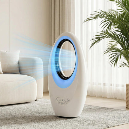Bladeless Tower Fan, 36dB Standing Cooling Fan with 60° Oscillating, LED Lights, 3 Speeds, 7.5H Timer, Remote Control