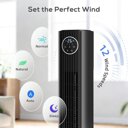 28dB Tower Fan for Bedroom, 36 inch, 8 m/s Velocity Standing Cooling Fan with 80° Oscillating, BLDC Motor, 12 Speeds, LED Display, 4 Modes, 12H Timer, Remote Control, Black