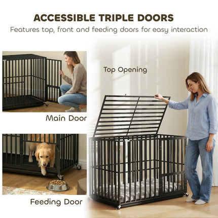 Heavy Duty Dog Crate, Dog Cage with Wheels for Medium Large Breeds with Removable Tray, Black