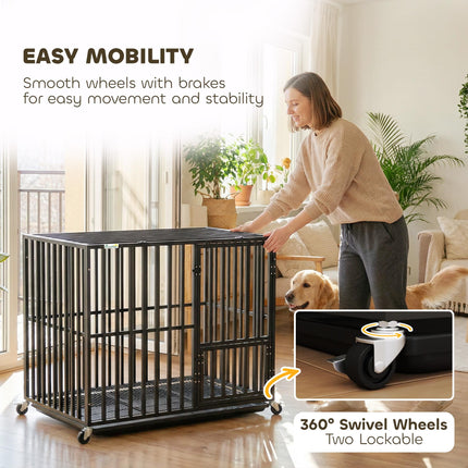Heavy Duty Dog Crate, Dog Cage with Wheels for Small Medium Breeds, Metal Pet Kennel with Removable Tray