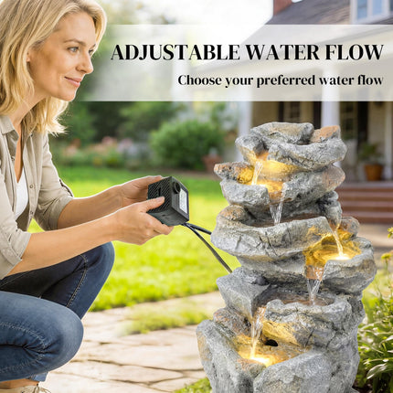Outdoor Water Fountain with 6-Tier Rock Style, Cascading Waterfall Feature with LED Lights, Adjustable Flow, Grey