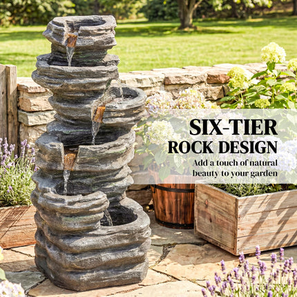 Outdoor Fountain, 6-Tier Cascading Waterfall Feature with LED Lights, Resin Freestanding Garden Fountain, Grey