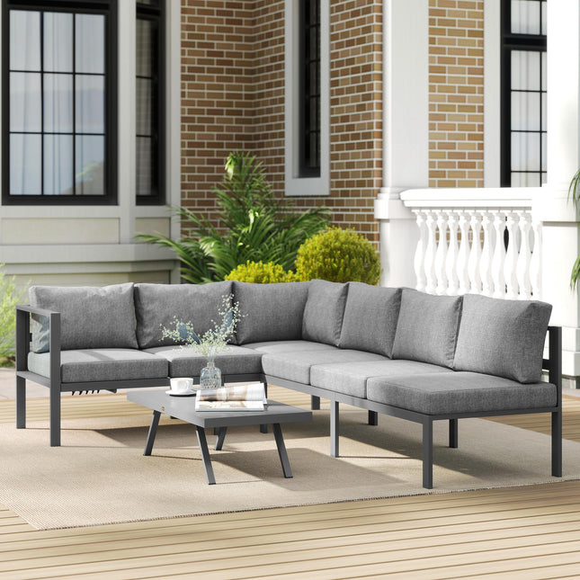 3 Pieces Garden Furniture Set, Aluminium Corner Lounge Set with Adjustable Backrest and Coffee Table