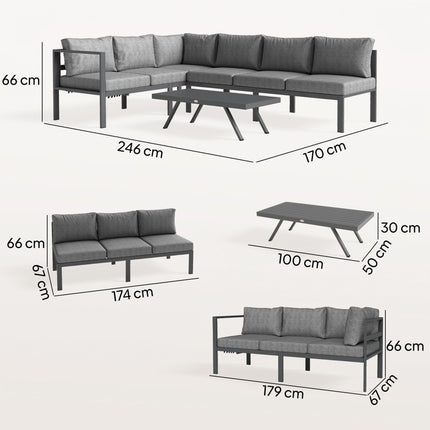 3 Pieces Garden Furniture Set, Aluminium Corner Lounge Set with Adjustable Backrest and Coffee Table