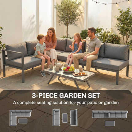 3 Pieces Garden Furniture Set, Aluminium Corner Lounge Set with Adjustable Backrest and Coffee Table