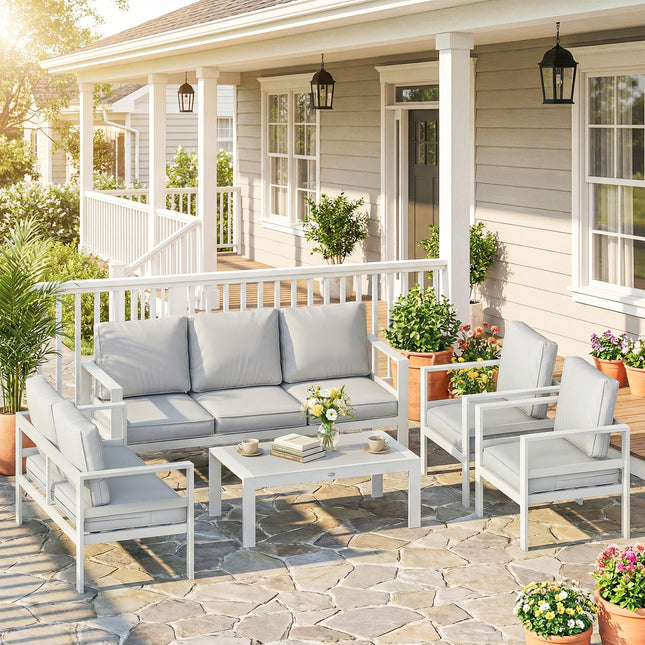 5 Pieces Aluminium Garden Furniture Set with Olefin Cushions, Extra Deep Outdoor Garden Sofa Set, White