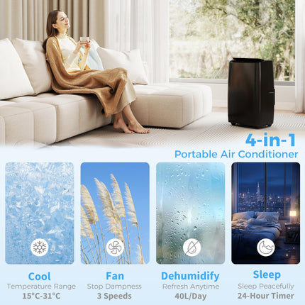 Portable Air Conditioner 14000 BTU, 4-in-1 Air Conditioning Unit, Dehumidifier, Cooling, Fan, Children Lock, 40m²