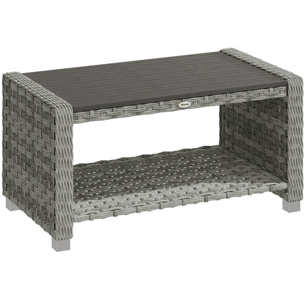 Outdoor Coffee Table with Storage Shelf, PE Rattan Side Table with Slatted Top and Foot Pads, Grey