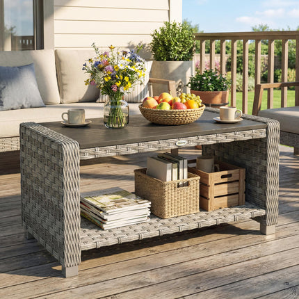Outdoor Coffee Table with Storage Shelf, PE Rattan Side Table with Slatted Top and Foot Pads, Grey