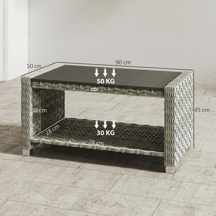 Outdoor Coffee Table with Storage Shelf, PE Rattan Side Table with Slatted Top and Foot Pads, Grey