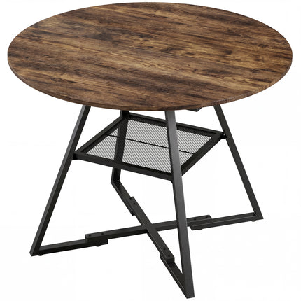 Dining Table for 4 People, 100 cm Round Industrial Kitchen Table with Storage Shelf, Rustic Brown