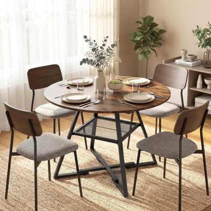 Dining Table for 4 People, 100 cm Round Industrial Kitchen Table with Storage Shelf, Rustic Brown