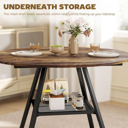 Dining Table for 4 People, 100 cm Round Industrial Kitchen Table with Storage Shelf, Rustic Brown