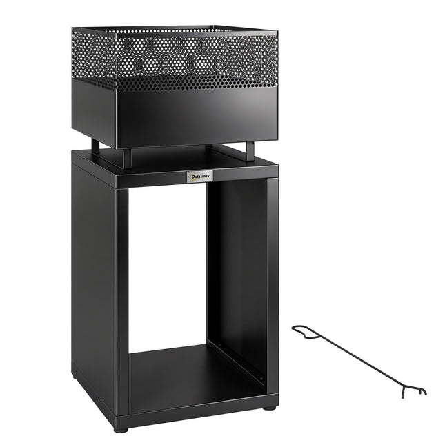 Outdoor Fire Pit with Wood Storage Wood Burning Firepit with Mesh Sides 87 cm Black