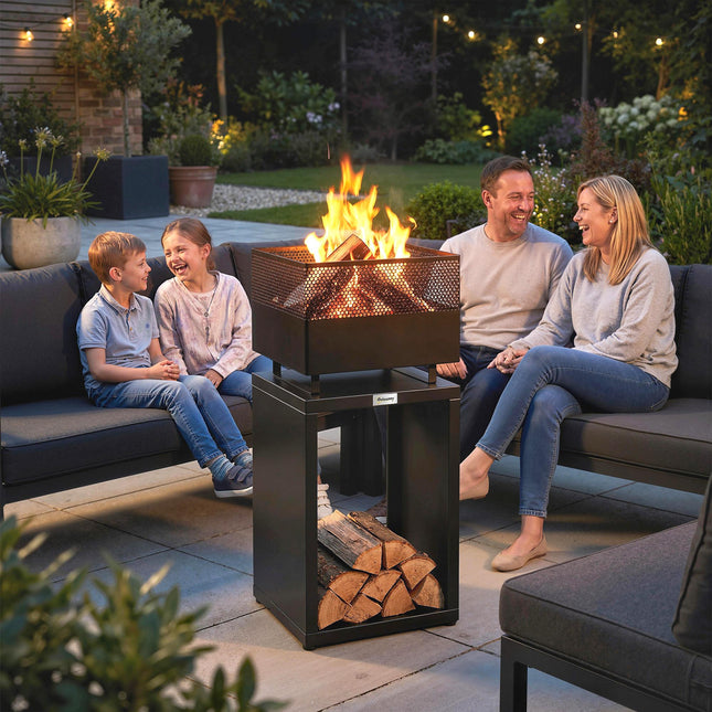Outdoor Fire Pit with Wood Storage Wood Burning Firepit with Mesh Sides 87 cm Black