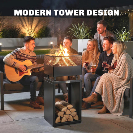 Outdoor Fire Pit with Wood Storage Wood Burning Firepit with Mesh Sides 87 cm Black
