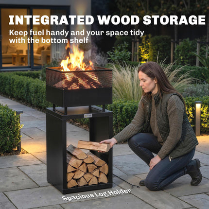Outdoor Fire Pit with Wood Storage Wood Burning Firepit with Mesh Sides 87 cm Black