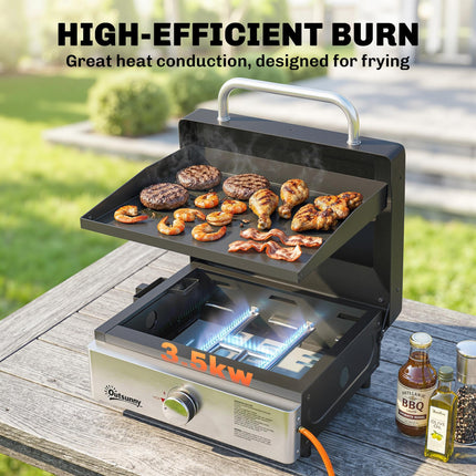 Grill Griddle, Portable Gas Plancha, 3.5 kW, Tabletop Gas BBQ with Grease Cup for Camping Picnic Patios, Black