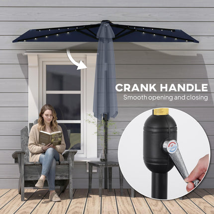 2.6 m Half Garden Parasol with Solar LED Lights, UPF50+ Semi Round Umbrella with 30° Tilt, Crank Handle, Dark Blue