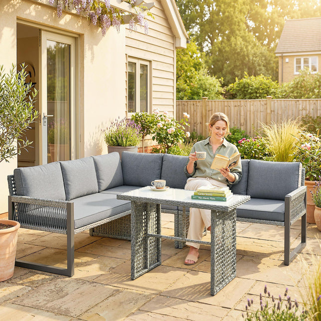 6 Seater Rattan Garden Furniture Set with 3 Loveseats, Table, Patio Rattan Corner Sofa Set, Grey