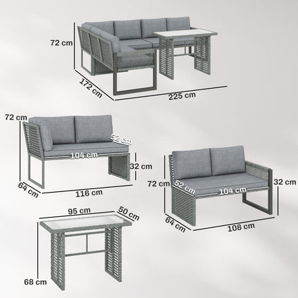 6 Seater Rattan Garden Furniture Set with 3 Loveseats, Table, Patio Rattan Corner Sofa Set, Grey