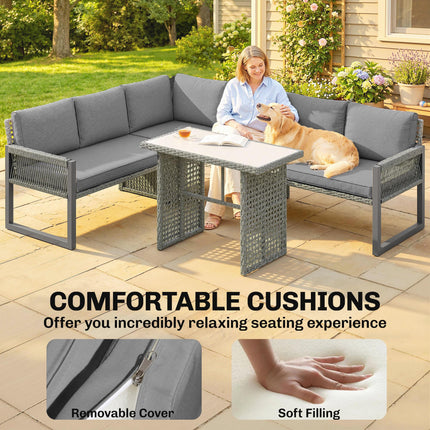6 Seater Rattan Garden Furniture Set with 3 Loveseats, Table, Patio Rattan Corner Sofa Set, Grey