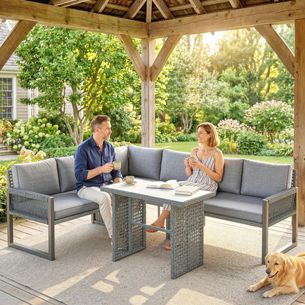 6 Seater Rattan Garden Furniture Set with 3 Loveseats, Table, Patio Rattan Corner Sofa Set, Grey