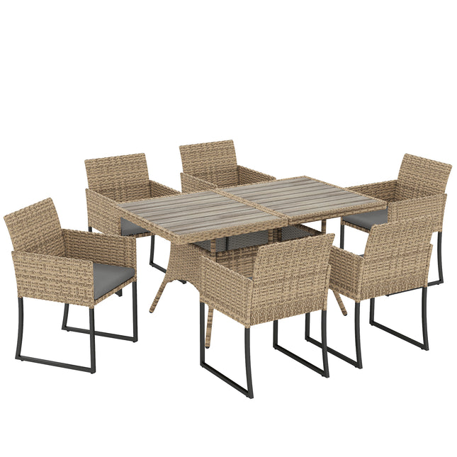 7 Piece Rattan Garden Furniture Set, Garden Dining Set with Wood-Plastic Table and 6 Stackable Chairs, Dark Grey