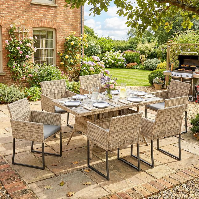 7 Piece Rattan Garden Furniture Set, Garden Dining Set with Wood-Plastic Table and 6 Stackable Chairs, Dark Grey