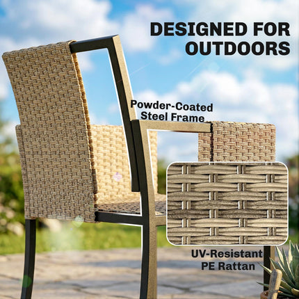 7 Piece Rattan Garden Furniture Set, Garden Dining Set with Wood-Plastic Table and 6 Stackable Chairs, Dark Grey