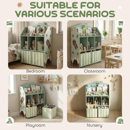 Kids Bookshelf with Storage, Toy Storage Unit with Book Display, Shelves and Fabric Drawers for Playroom Nursery, Green