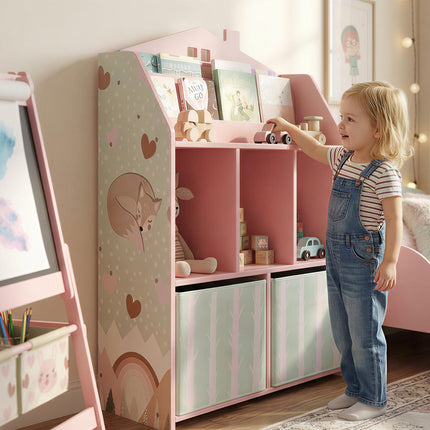 Kids Bookshelf with Storage, Toy Storage Unit with Book Display, Shelves and Fabric Drawers for Playroom Nursery, Pink