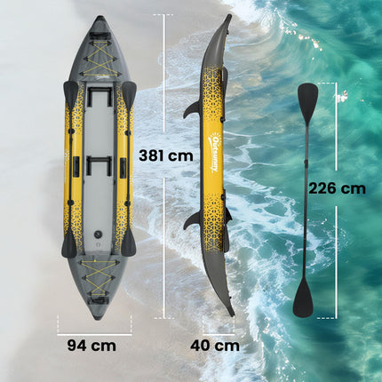 12.5' Inflatable Kayak Set, 2-person Sit on Canoe with Aluminium Oars, Grey and Yellow