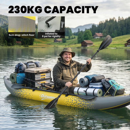 12.5' Inflatable Kayak Set, 2-person Sit on Canoe with Aluminium Oars, Grey and Yellow