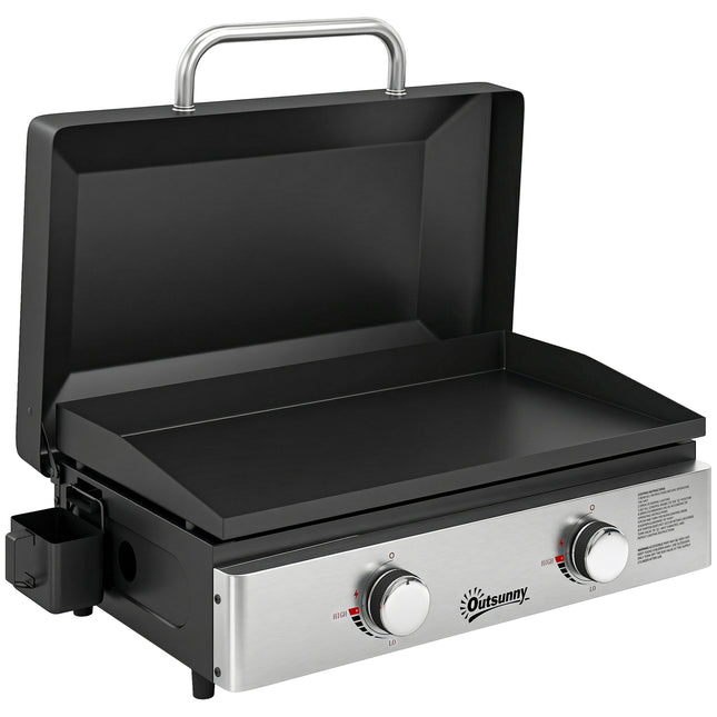 2 Burner Grill Griddle, Portable Gas Plancha, 6 kW, Tabletop Gas BBQ with Grease Cup for Camping Picnic Patios, Black