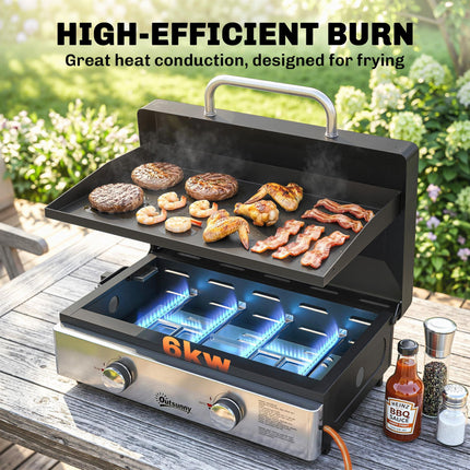 2 Burner Grill Griddle, Portable Gas Plancha, 6 kW, Tabletop Gas BBQ with Grease Cup for Camping Picnic Patios, Black