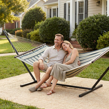 Outdoor Hammock with Stand Detachable Pillow Striped Swing Steel Frame, for Gard