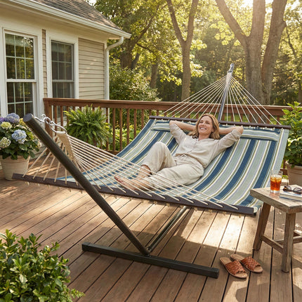 Outdoor Hammock with Stand Detachable Pillow Striped Swing Steel Frame, for Gard