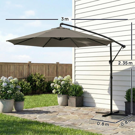 Outsunny 3 m Garden Cantilever Parasol with Cover, Round Overhanging Umbrella with 360° Rotation, Tilt, Grey