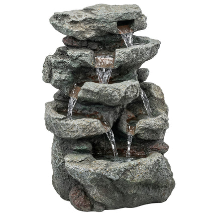 Outdoor Fountain with 6-Tier Rock Design, Waterfall Feature with LED Lights, Res