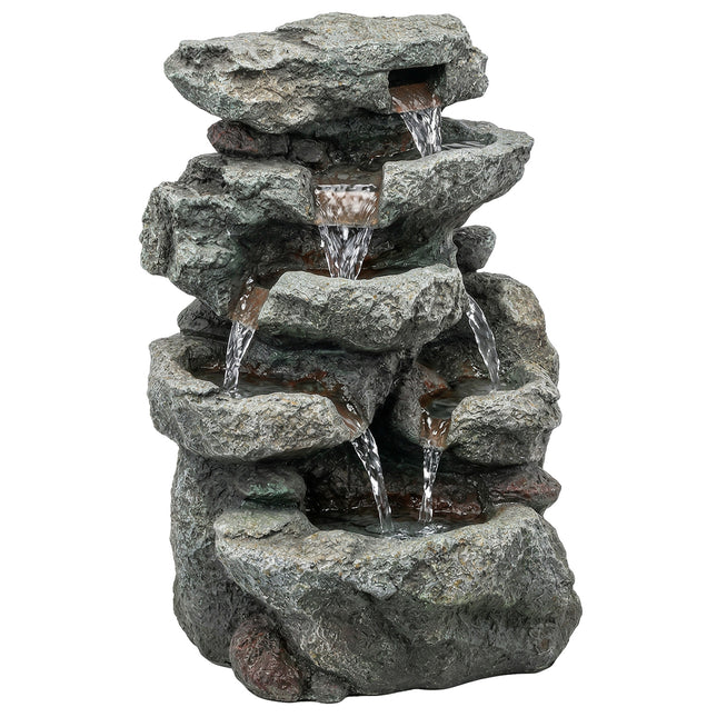 Outdoor Fountain with 6-Tier Rock Design, Waterfall Feature with LED Lights, Res