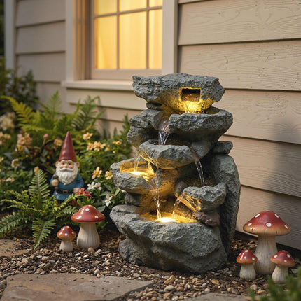 Outdoor Fountain with 6-Tier Rock Design, Waterfall Feature with LED Lights, Res