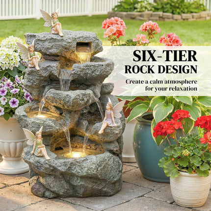 Outdoor Fountain with 6-Tier Rock Design, Waterfall Feature with LED Lights, Res